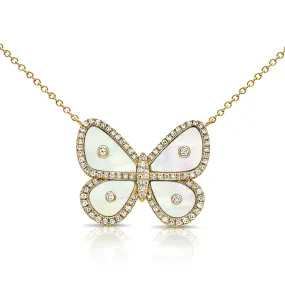 14K Gold Mother of Pearl & Diamond Butterfly Necklace