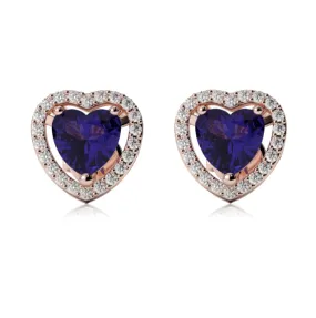 14k Rose Gold Plated 1 Ct Created Halo Heart Blue Sapphire Stud Earrings