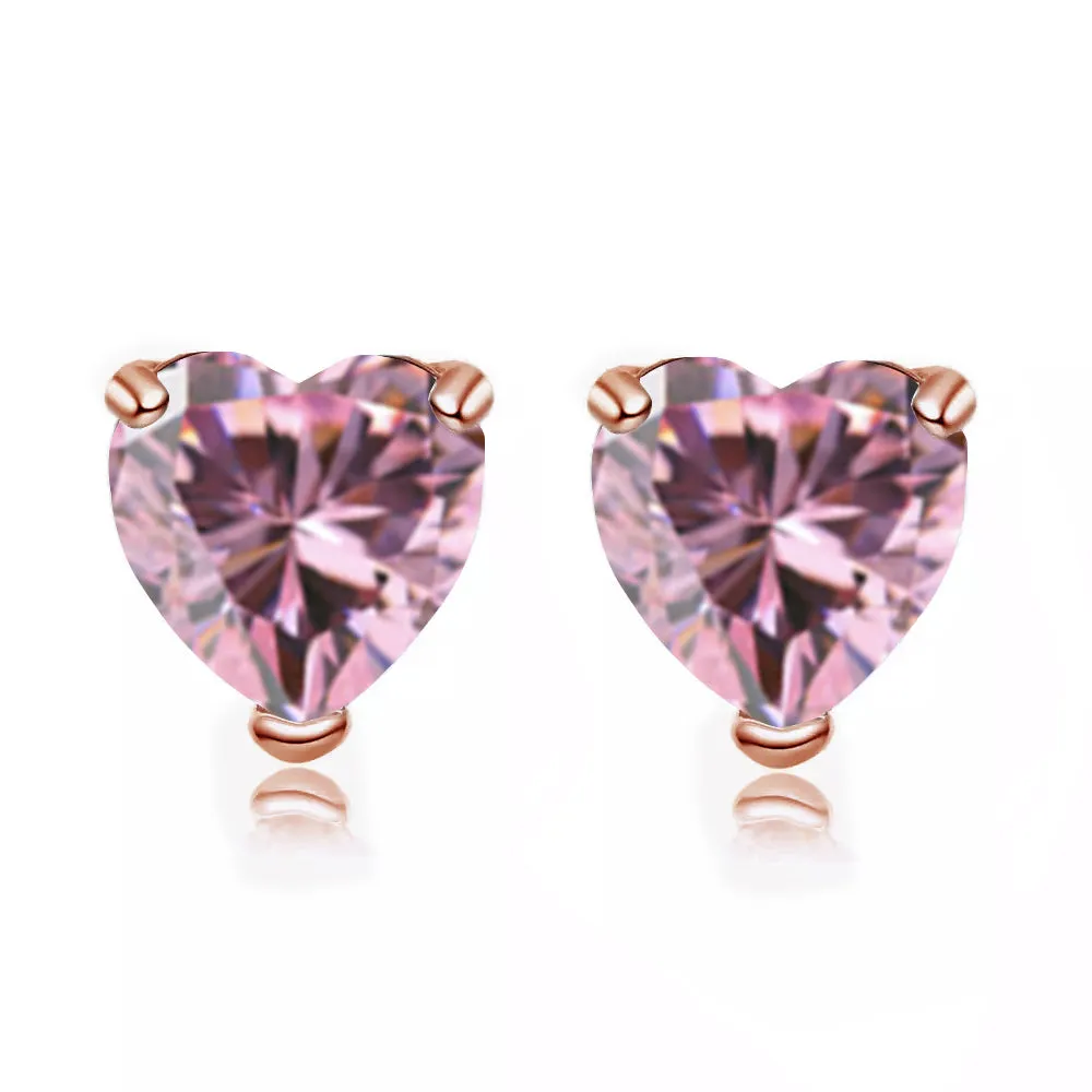 14k Rose Gold Plated 2 Carat Heart Created Pink Sapphire Stud Earrings