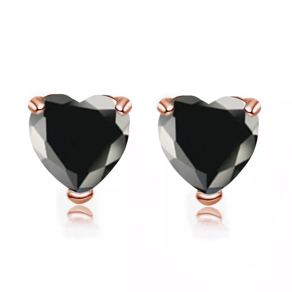 14k Rose Gold Plated 4 Carat Heart Created Black Sapphire Stud Earrings