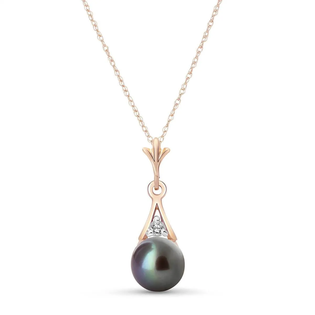 14K Solid Rose Gold Necklace w/ Diamond & Black Pearl