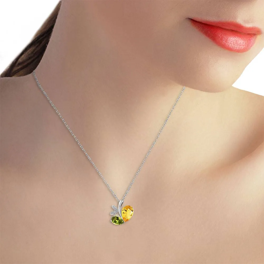 14K Solid White Gold Modern Heart Necklace Combination Of Citrine, Peridot & Diamonds