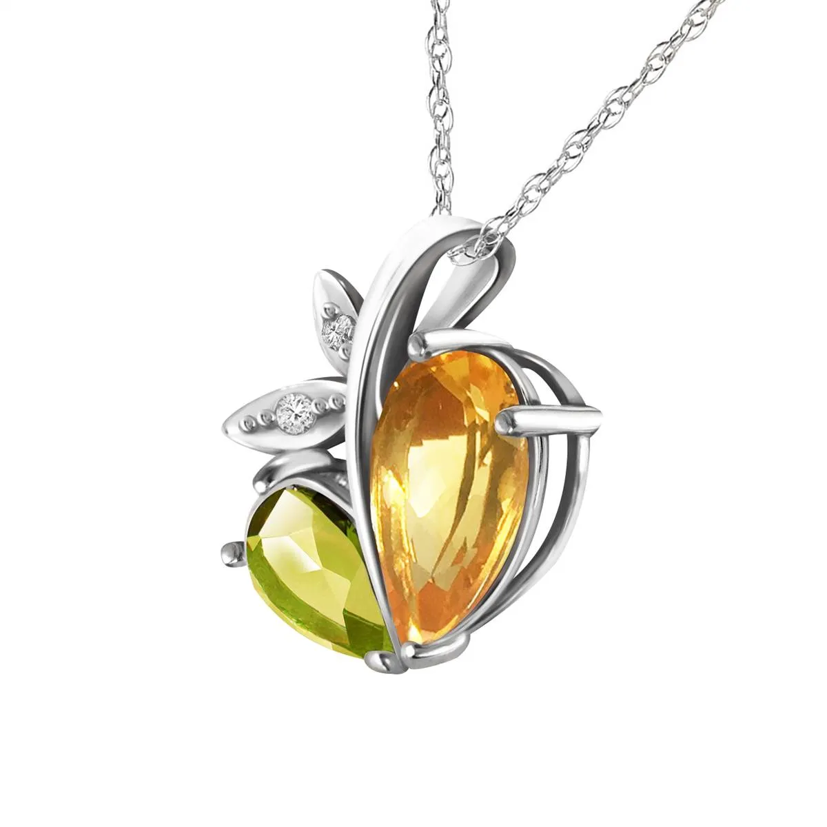 14K Solid White Gold Modern Heart Necklace Combination Of Citrine, Peridot & Diamonds