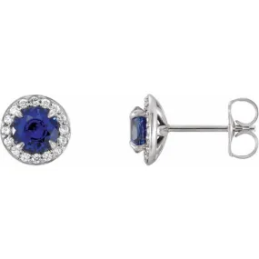 14K White 4 mm Natural Blue Sapphire & 1/10 CTW Natural Diamond Earrings