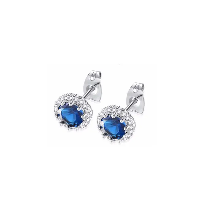 14k White Gold 3 Ct Created Halo Round Blue Sapphire Stud Earrings Plated