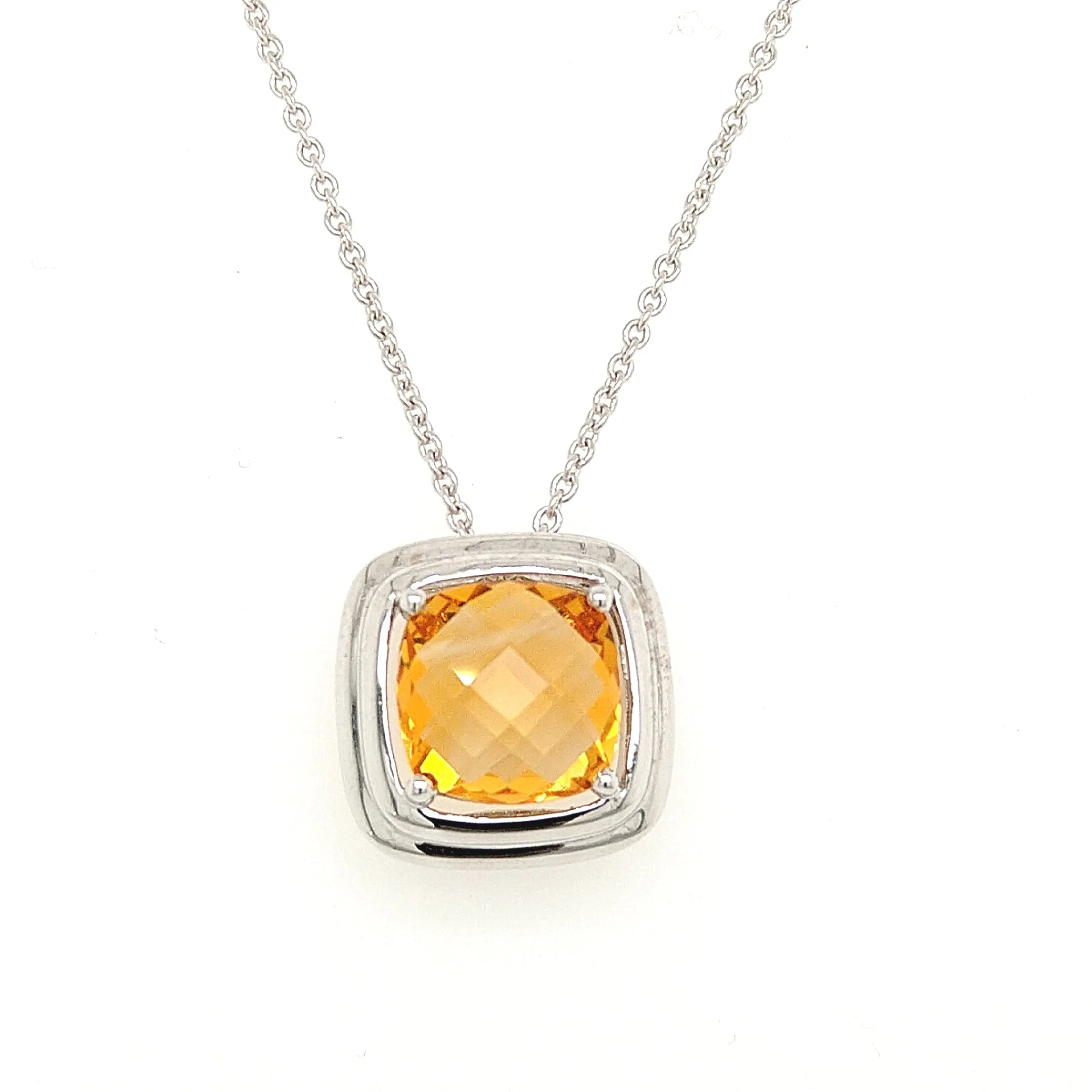 14K White Gold Citrine Cushion Necklace With Diamond Accents