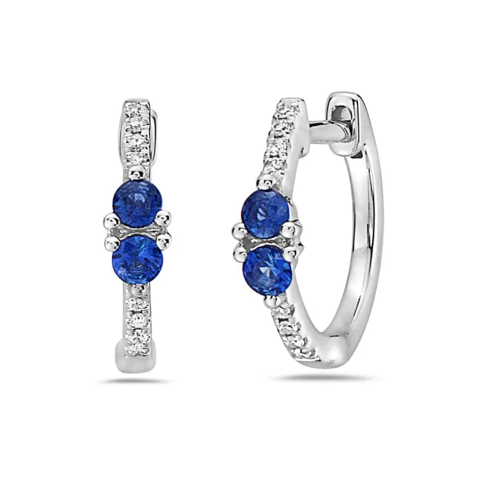 14K White Gold Diamond & Sapphire Huggie Earrings