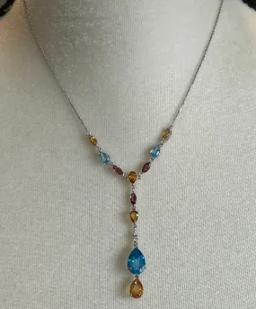 14k White Gold Diamond Blue Pink Topaz Citrine Y Drop Necklace