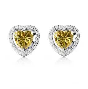 14k White Gold Plated 1/2 Ct Created Halo Heart Yellow Sapphire Stud Earrings