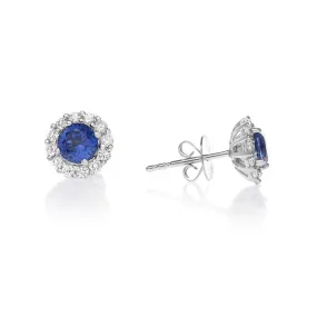 14k White Gold Plated 2 Ct Round Created Blue Sapphire Halo Stud Earrings