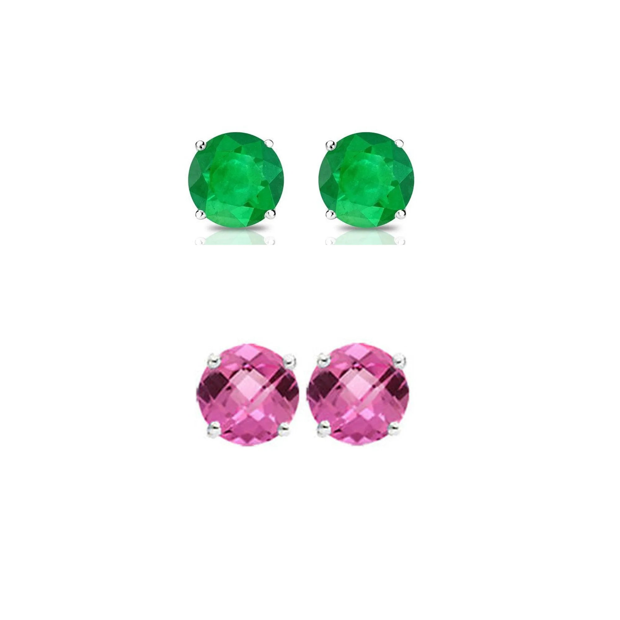 14k White Gold Plated 2Ct Created Emerald and Pink sapphire 2 Pair Round Stud Earrings