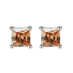 14k White Gold Plated 3 Carat Princess Cut Created Champagne Sapphire Stud Earrings