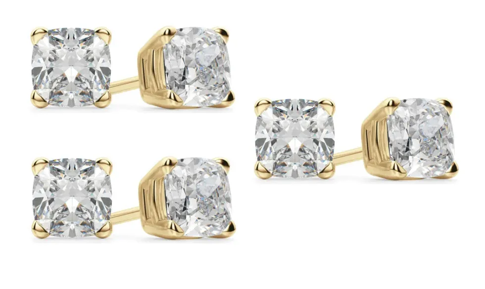 14k Yellow Gold 1/2Ct Cushion Cut White Sapphire Set Of Three Stud Earrings Plated