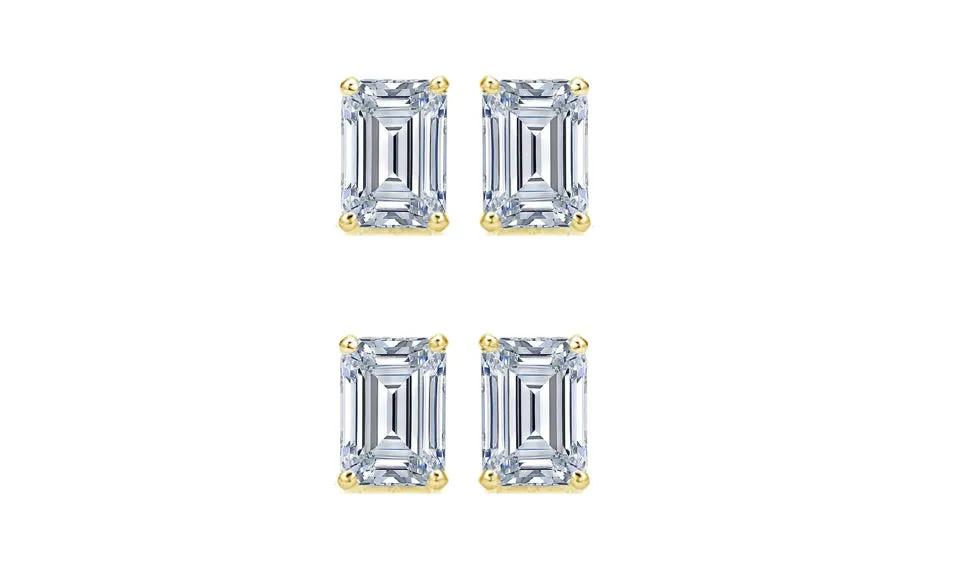 14k Yellow Gold 1/2Ct Emerald Cut White Sapphire Set Of Two Stud Earrings Plated