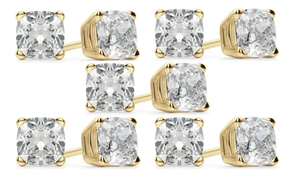 14k Yellow Gold 4Ct Cushion Cut White Sapphire Set Of Five Stud Earrings Plated