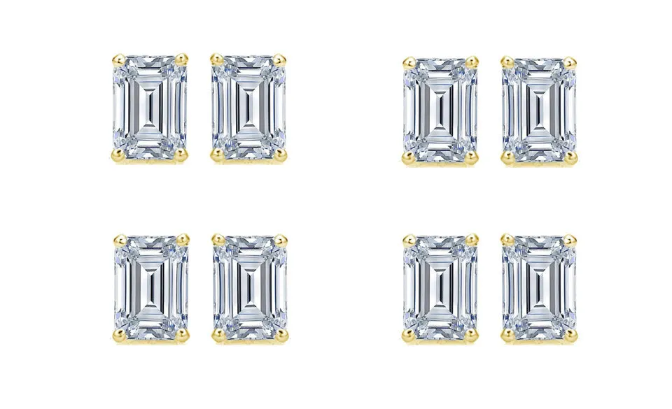 14k Yellow Gold 4Ct Emerald Cut White Sapphire Set Of Four Stud Earrings Plated