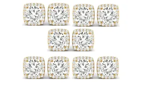 14k Yellow Gold 6mm 1Ct Cushion Cut White Sapphire Set Of Five Halo Stud Earrings Plated