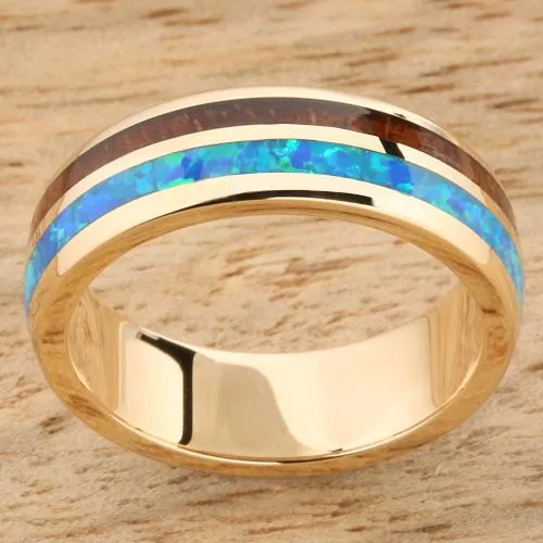 14K Yellow Gold Natural Koa Wood and Opal Half/Half Oval Wedding Ring 6mm