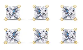 14k Yellow Gold Plated 1/2Ct Princess Cut White Sapphire Set Of Three Stud Earrings