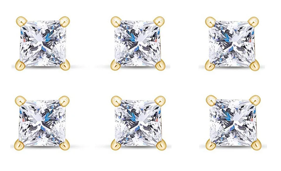 14k Yellow Gold Plated 1/2Ct Princess Cut White Sapphire Set Of Three Stud Earrings