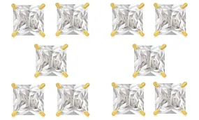 14k Yellow Gold Plated 1/2Ct Square Cut White Sapphire Set Of Five Stud Earrings