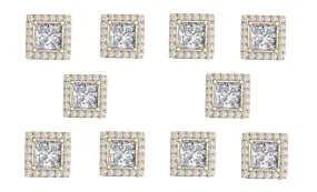 14k Yellow Gold Plated 3Ct Square Cut White Sapphire Set of Five Halo Stud Earrings