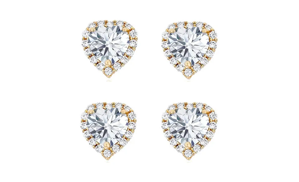 14k Yellow Gold Plated 4mm 2Ct Heart White Sapphire Set of Two Halo Stud Earrings