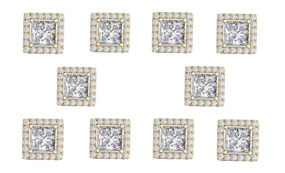 14k Yellow Gold Plated 4mm 2Ct Square Cut White Sapphire Set of Five Halo Stud Earrings