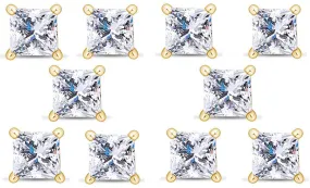 14k Yellow Gold Plated 4mm 3Ct Princess Cut White Sapphire Set Of Five Stud Earrings