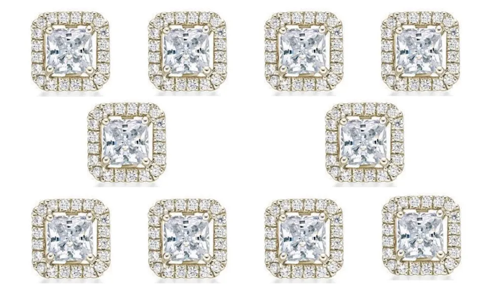 14k Yellow Gold Plated 4mm 4Ct Princess Cut White Sapphire Set of Five Halo Stud Earrings