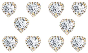 14k Yellow Gold Plated 6mm 4Ct Heart White Sapphire Set of Five Halo Stud Earrings