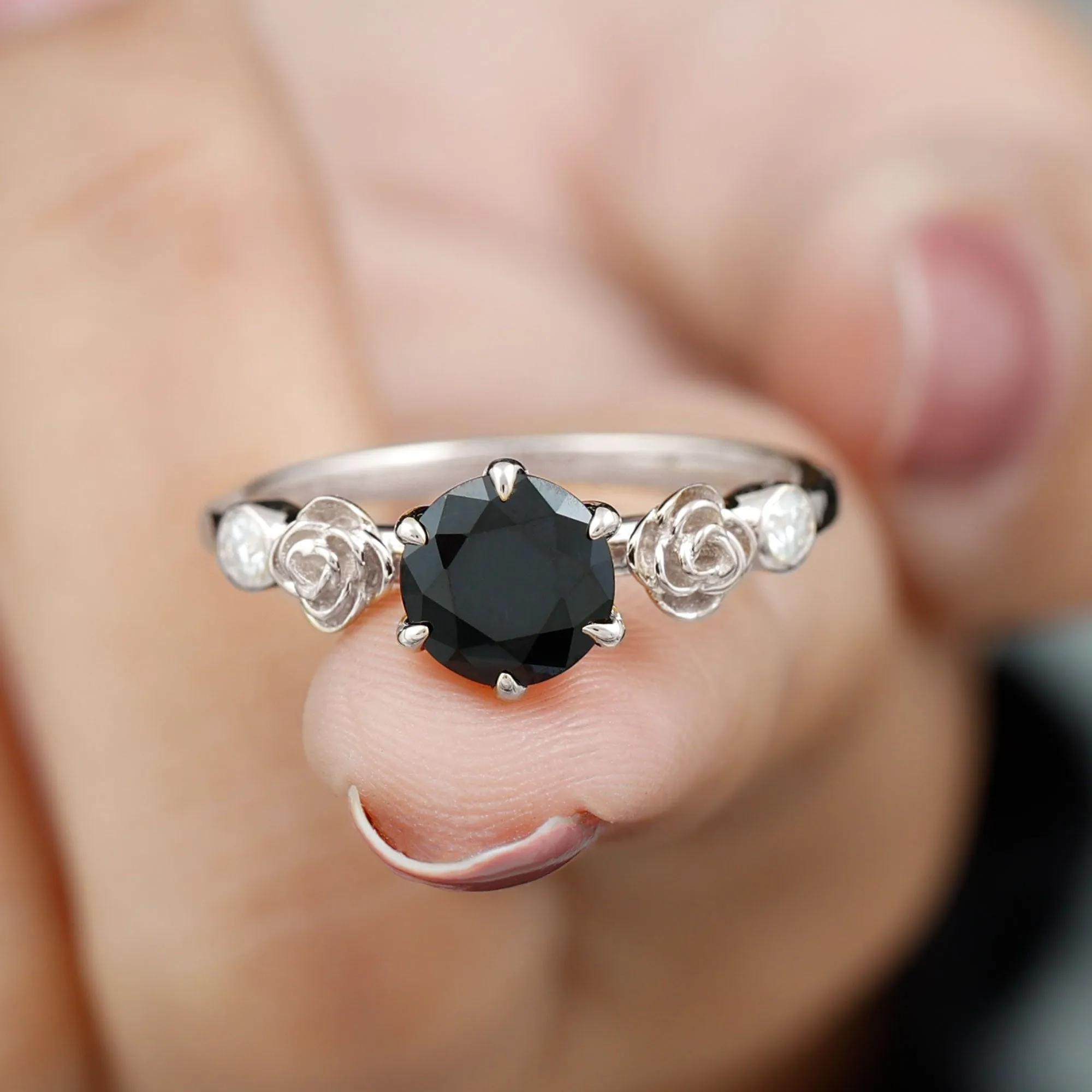 1.50 CT Solitaire Black Spinel Flower Ring with Diamond Side Stones