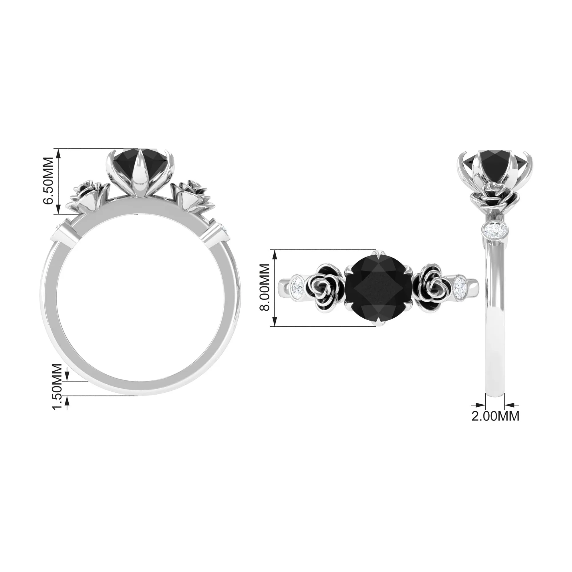 1.50 CT Solitaire Black Spinel Flower Ring with Diamond Side Stones