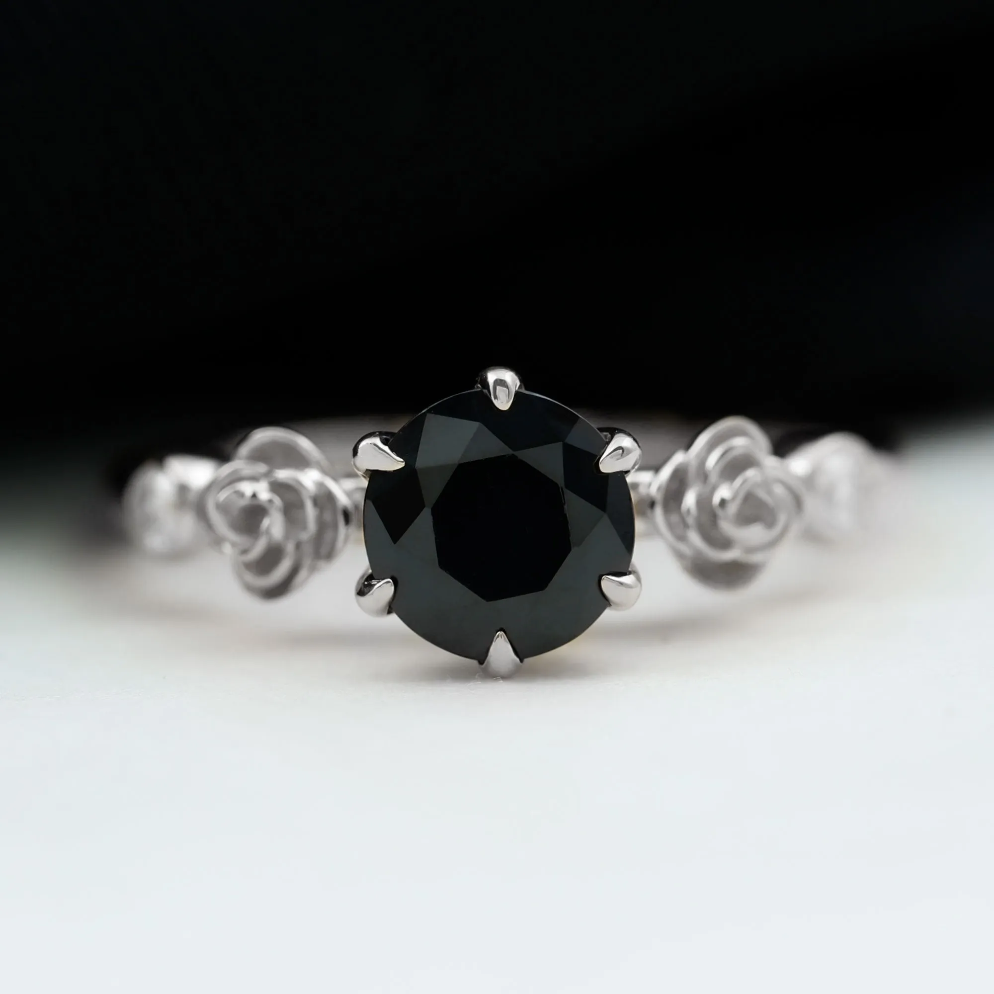 1.50 CT Solitaire Black Spinel Flower Ring with Diamond Side Stones