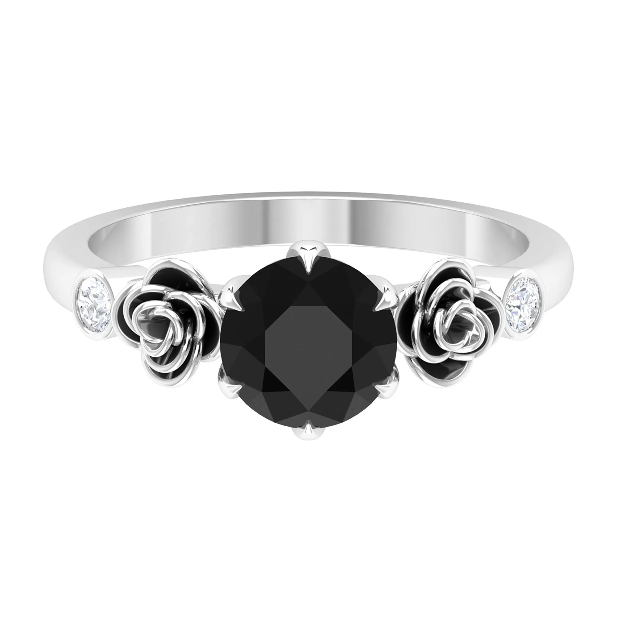 1.50 CT Solitaire Black Spinel Flower Ring with Diamond Side Stones