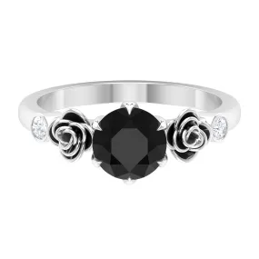 1.50 CT Solitaire Black Spinel Flower Ring with Diamond Side Stones