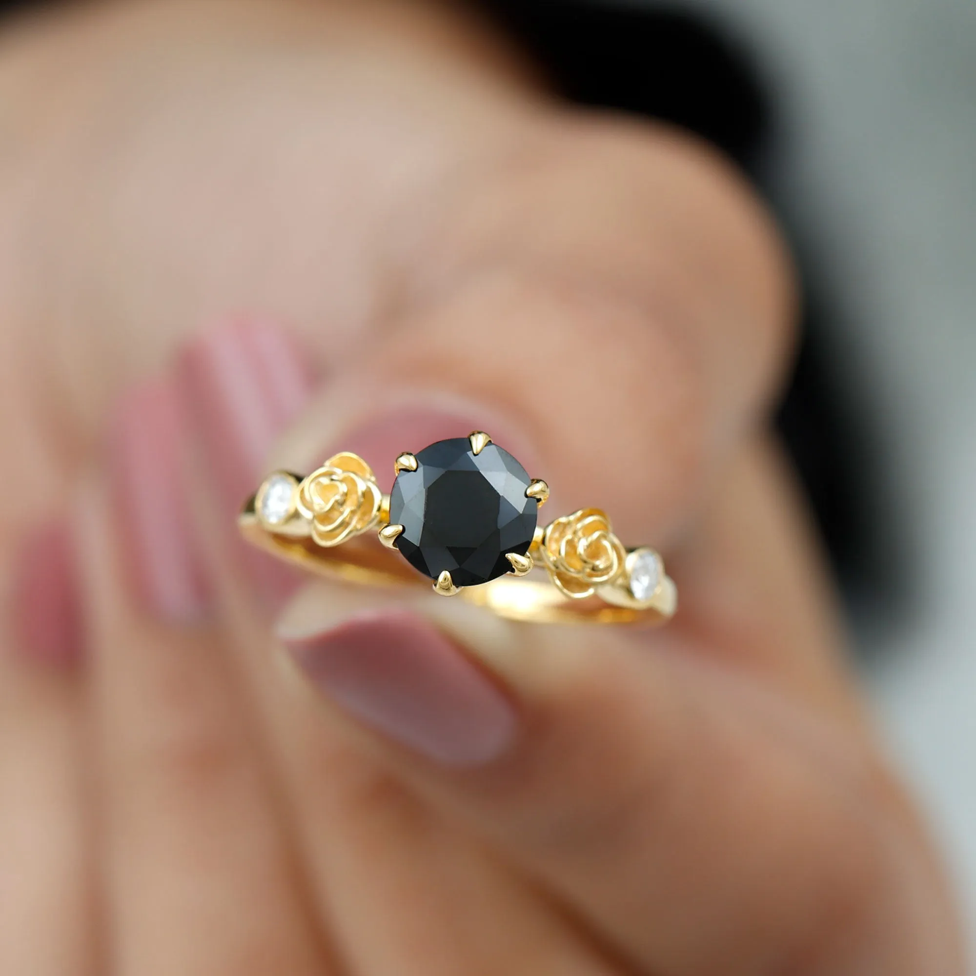 1.50 CT Solitaire Black Spinel Flower Ring with Diamond Side Stones