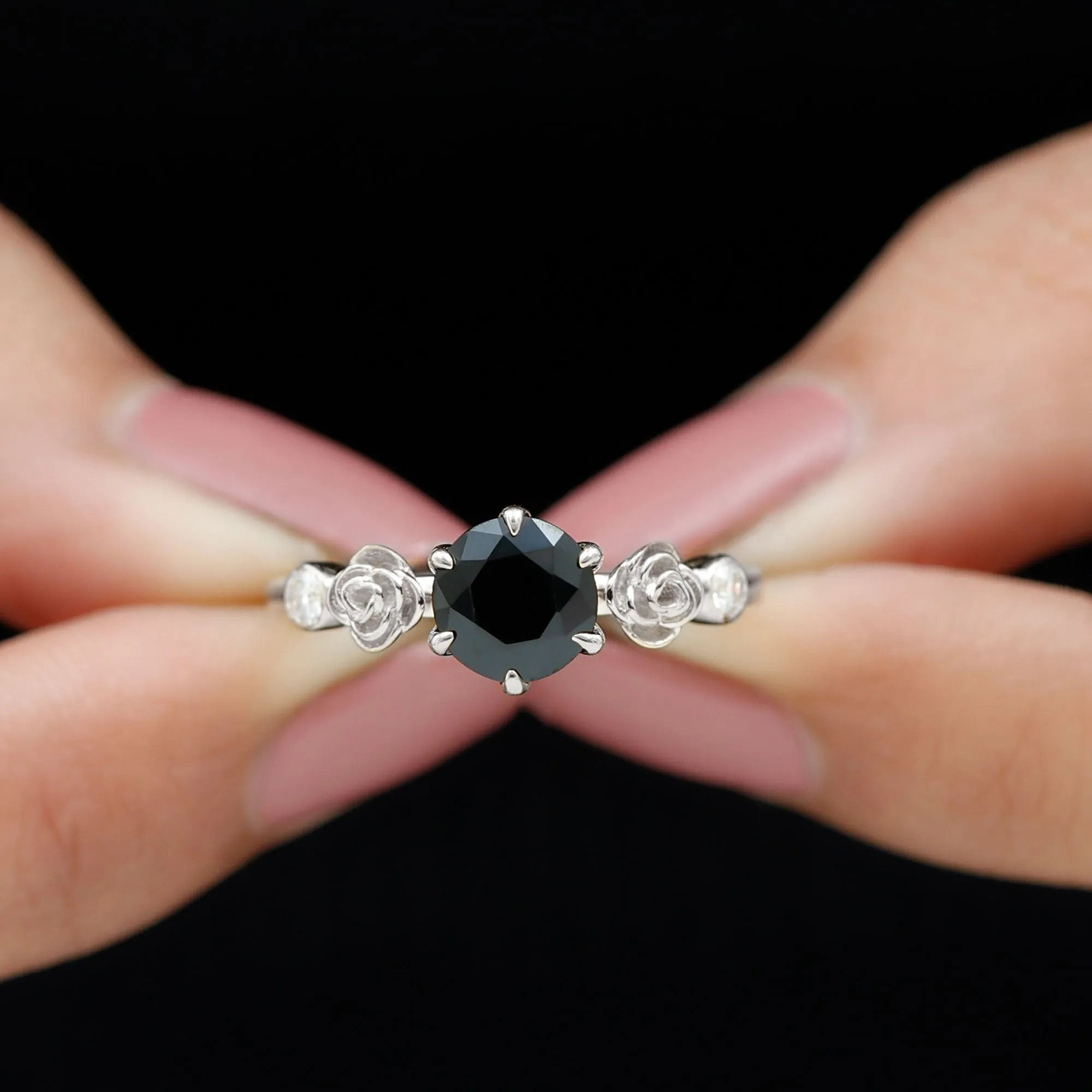 1.50 CT Solitaire Black Spinel Flower Ring with Diamond Side Stones