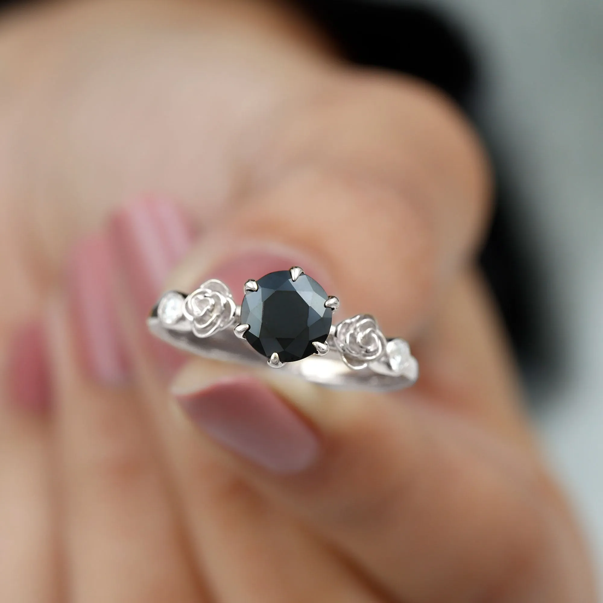 1.50 CT Solitaire Black Spinel Flower Ring with Diamond Side Stones