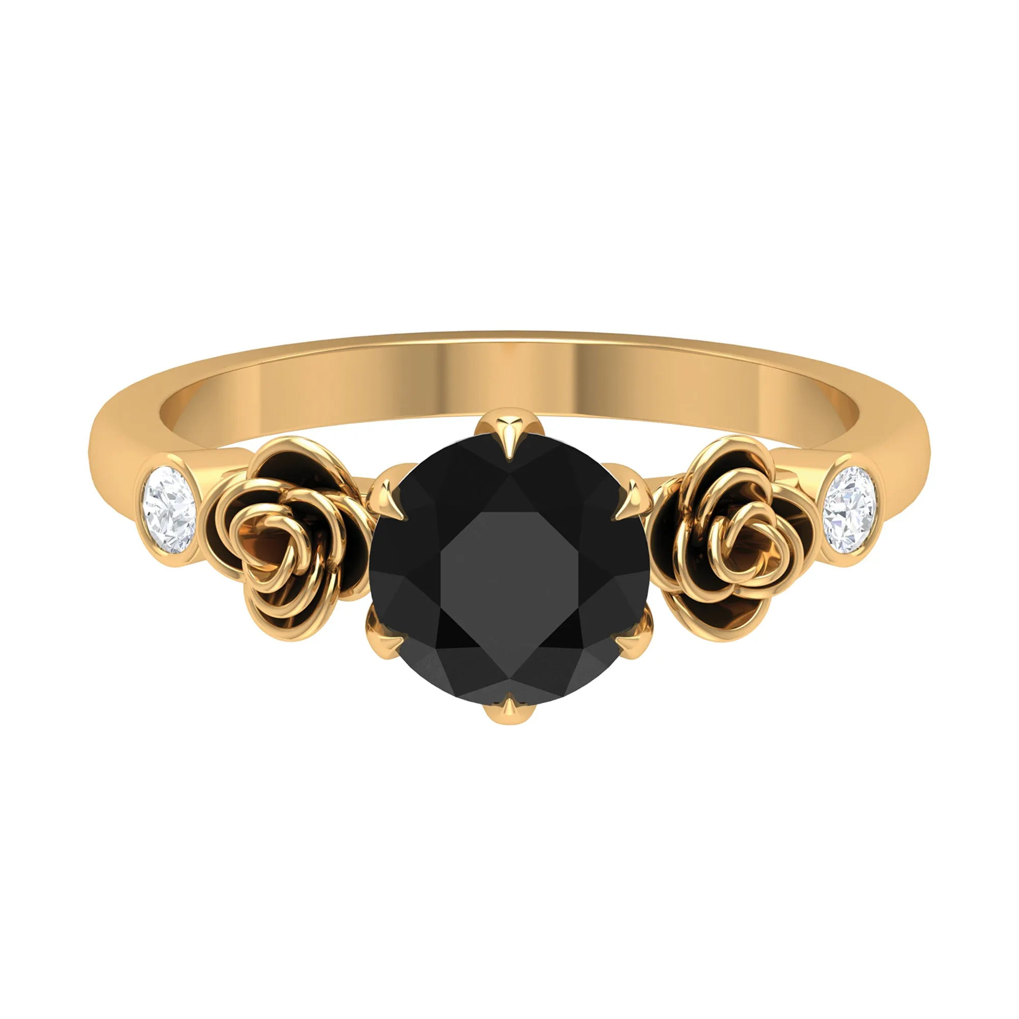 1.50 CT Solitaire Black Spinel Flower Ring with Diamond Side Stones