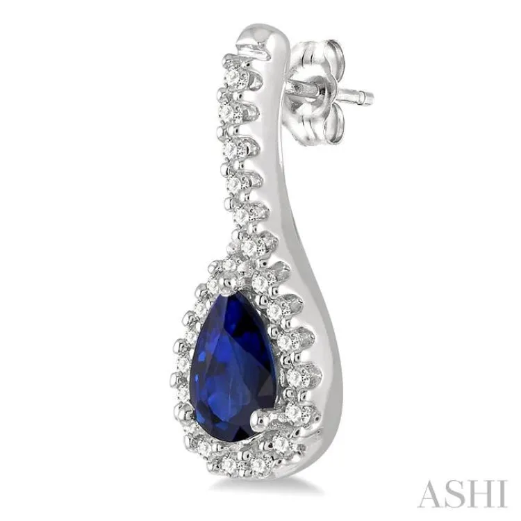 1/6 ctw Hanging Arm 5X3MM Pear Cut Sapphire and Round Cut Diamond Precious Earring in 10K White Gold