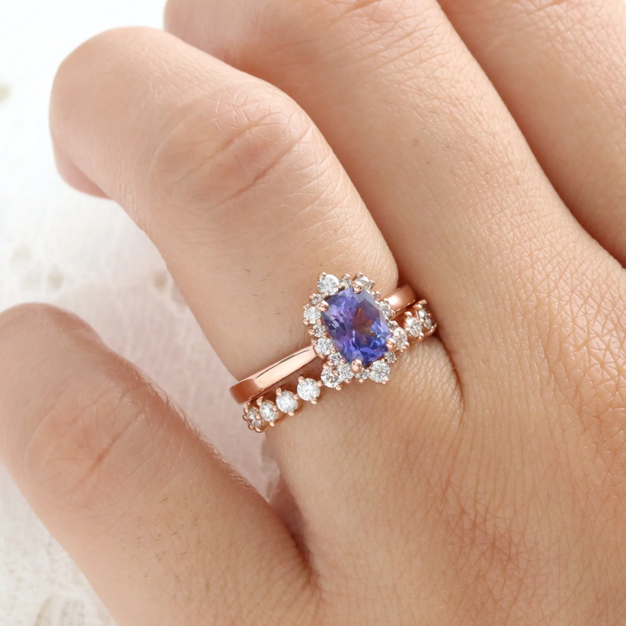 1.64 Ct. Cushion Purple Sapphire Ring in 14k Rose Gold Halo Diamond, Size 6.5