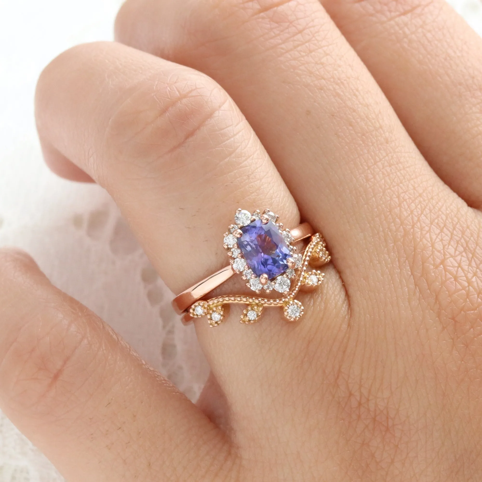 1.64 Ct. Cushion Purple Sapphire Ring in 14k Rose Gold Halo Diamond, Size 6.5