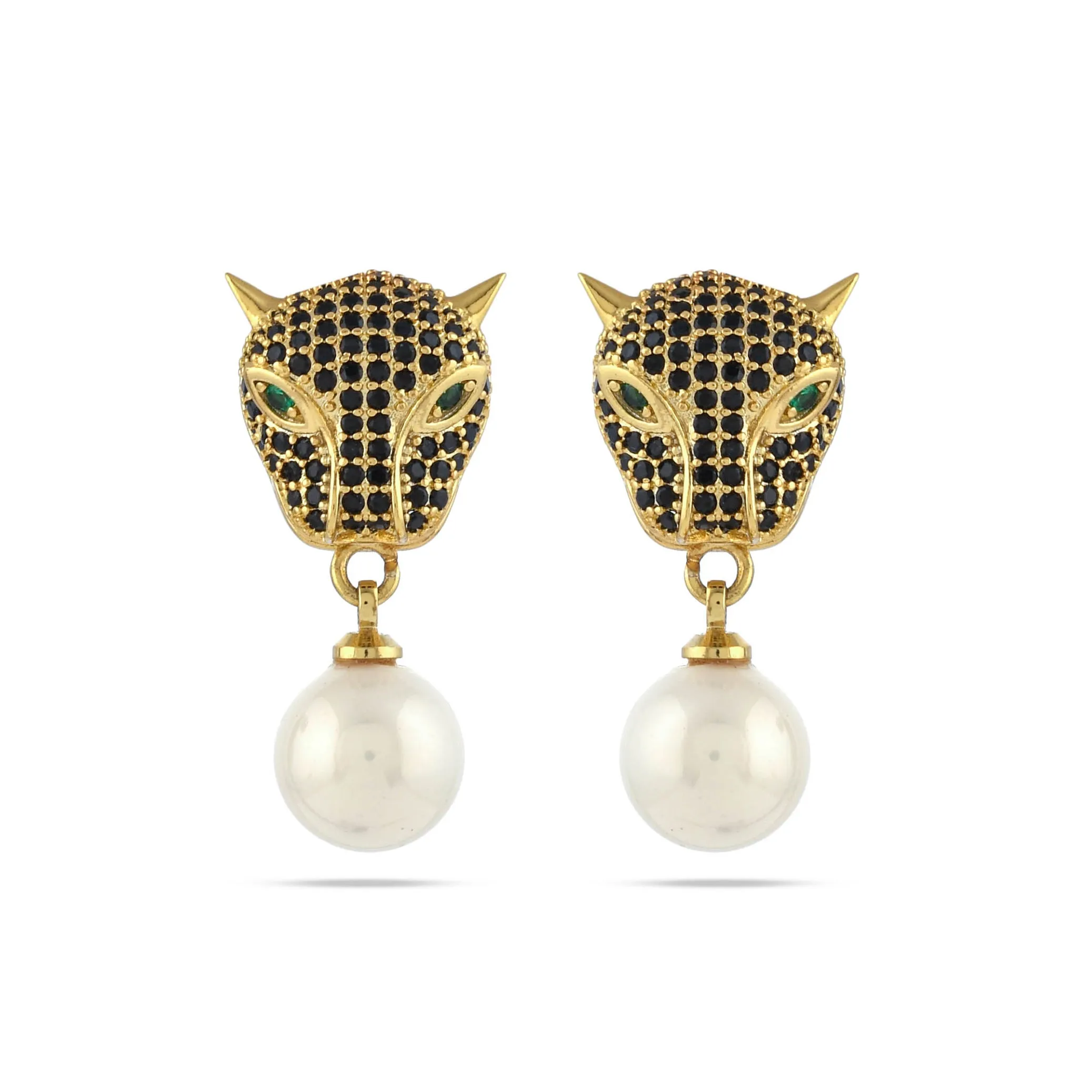 18 kt Gold Plated Tiger Earrings with Pearls - From Purl