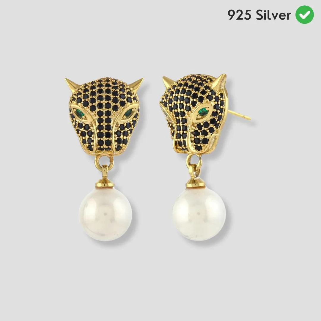 18 kt Gold Plated Tiger Earrings with Pearls - From Purl