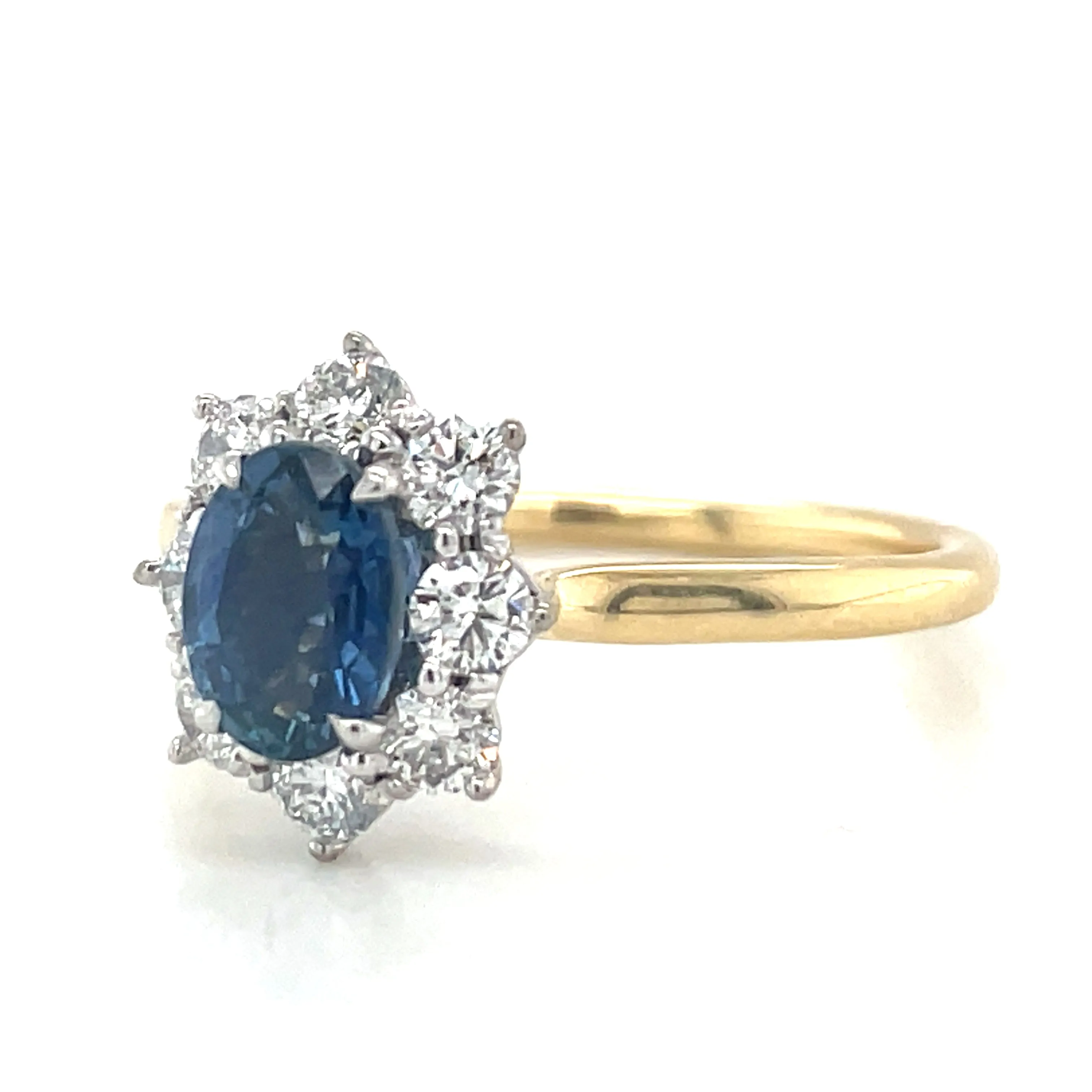 18ct Yellow Gold Earth Grown 1ct Sapphire & Diamond Cluster Halo Engagement Ring