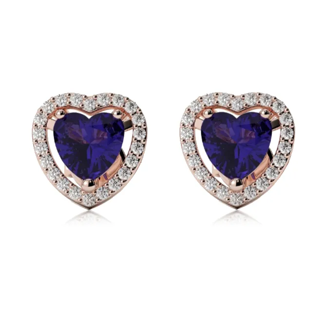 18k Rose Gold Plated 2 Ct Created Halo Heart Blue Sapphire Stud Earrings