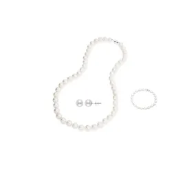 18K White Gold 1 ct Pearl Round 18 Inch Necklace, Bracelet and Earrings Set Plated