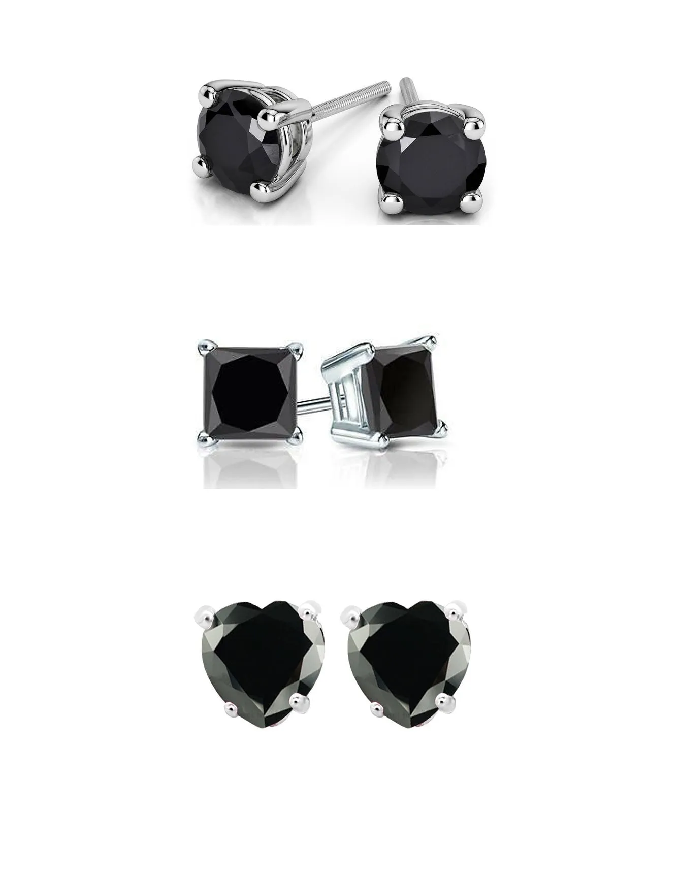 18k White Gold Black Moissanite 3 Pair Round, Square and Heart Stud Earrings Plated 4mm By Paris Jewelry