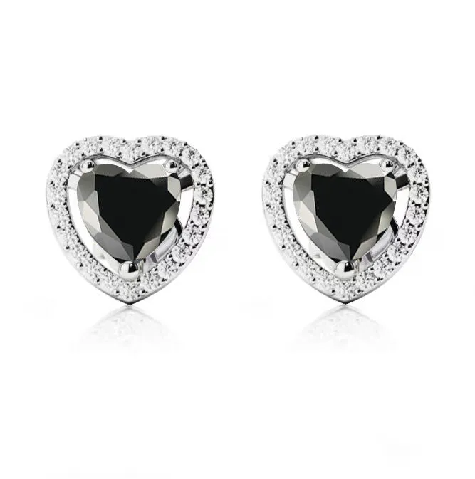 18k White Gold Plated 2 Ct Created Halo Heart Black Sapphire Stud Earrings